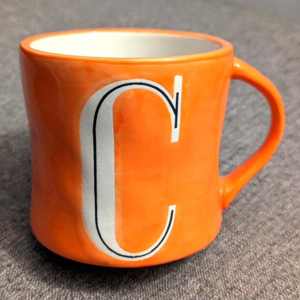 Anthropologie "C" Orange Handpainted Mug
